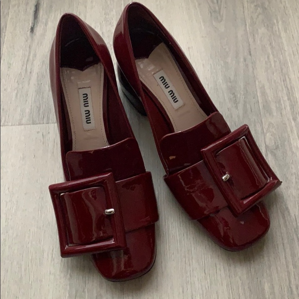 Miu Miu Burgundy Block Heel Patent Leather Buckle